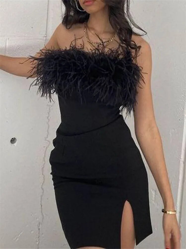 Feather Fur Hem Patchwork Mini Dress Elegant Party Strapless Off Shoulder Dress Summer Women Sleeveless Vestidos