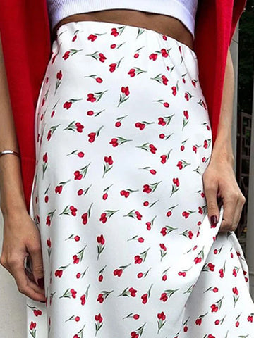 Cherry Printed Skirt Women Spring High Waist A-shaped Fish Tail Skirts Elegant Fashion Patchwork Loose Long Skirt New