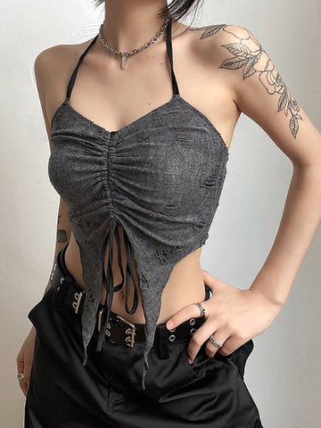 Goth Dark Vintage Mall Gothic Drawstring Women T-shirts 2 Piece Set Y2k Retro Fairy Grunge Camisole Long Sleeve Buckle Crop Tops