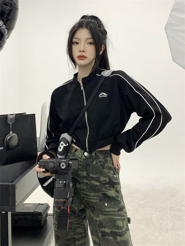 Y2K Vintage Zip Up Cropped Hoodie Women Korean Fashion Striped Black Jackets Female Kpop Egirl Harajuku Sweatshirt Sping