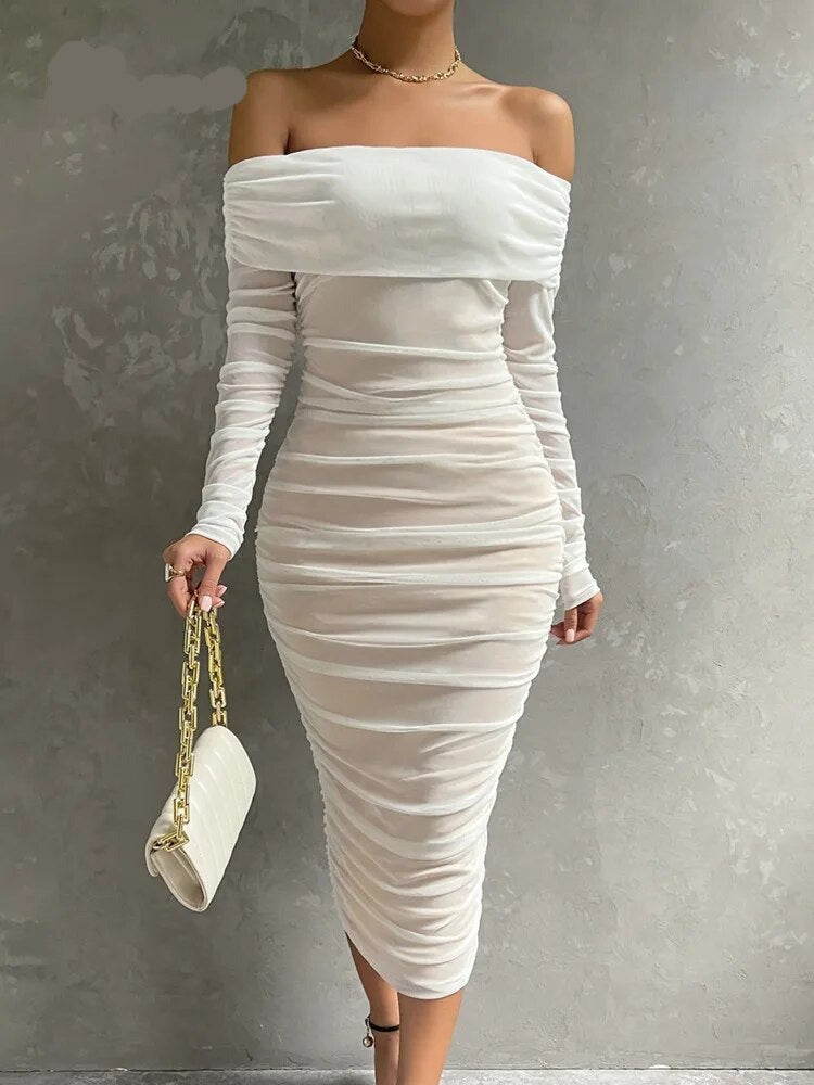 Solid Mesh White Midi Dresses Women Clothing Off Shoulder Long Sleeves Autumn Dress Backless Ruched Sexy Party Vestido