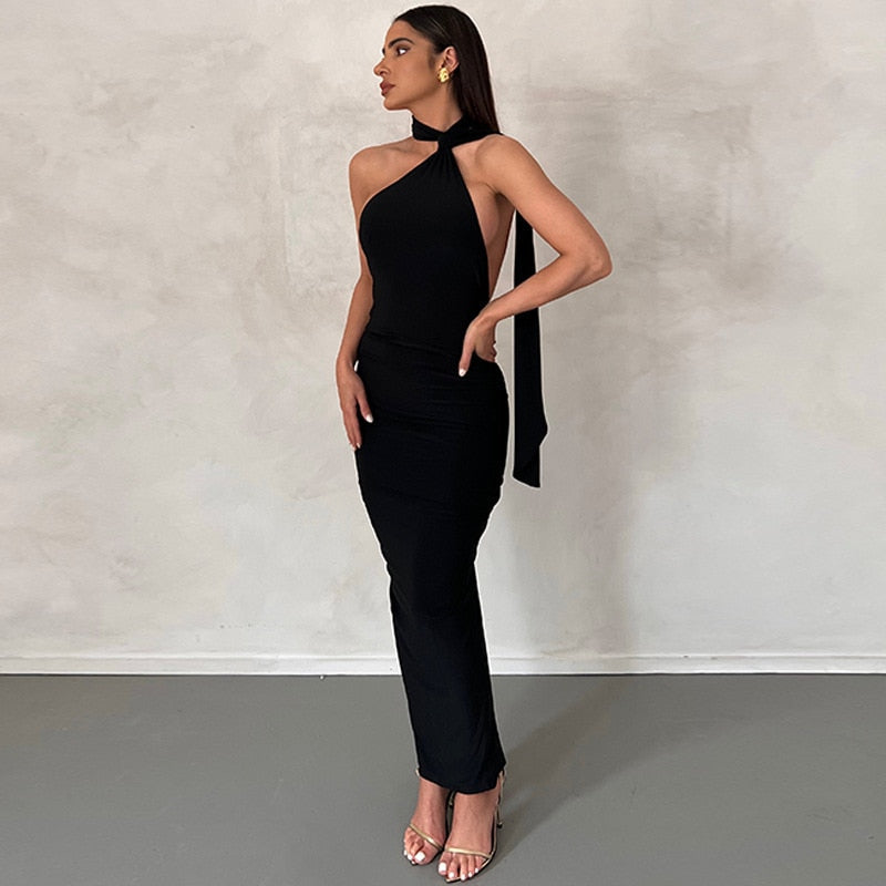 Elegant Backless Party Dress for Women Summer Sexy Halter Neck Bodycon Maxi Dress Evening Club Long Dress Black Vestido