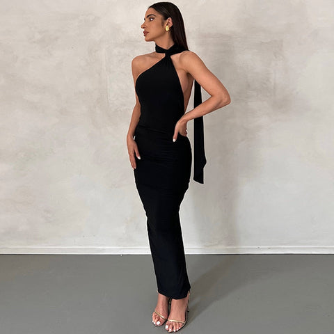 Elegant Backless Party Dress for Women Summer Sexy Halter Neck Bodycon Maxi Dress Evening Club Long Dress Black Vestido