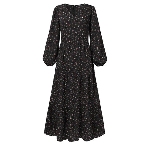 Floral Chiffon Fashion High Quality Maxi Dress Boho Women V-Neck Retro Holiday Leisure Long Sleeved Beach Temperament Lady Robe