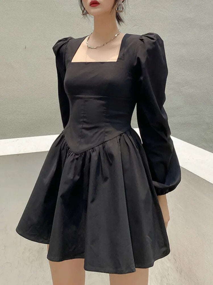 Black Elegant Mini Dress Women Vinatge Long Sleeve Dresses Square Collar Spring Autumn Fashion High Street Female Robe