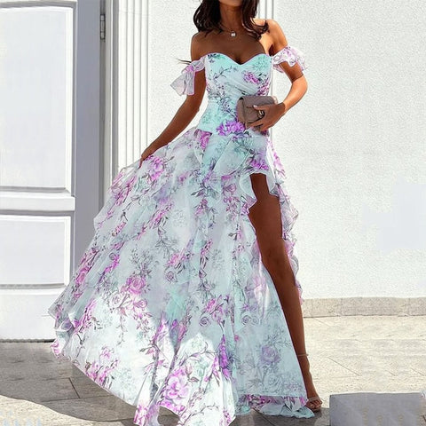 Women Maxi Dresses Summer Elegant Sexy Floral Print Petal Sleeves Split Wavy Edge Chic Chiffon Formal Wedding Dress