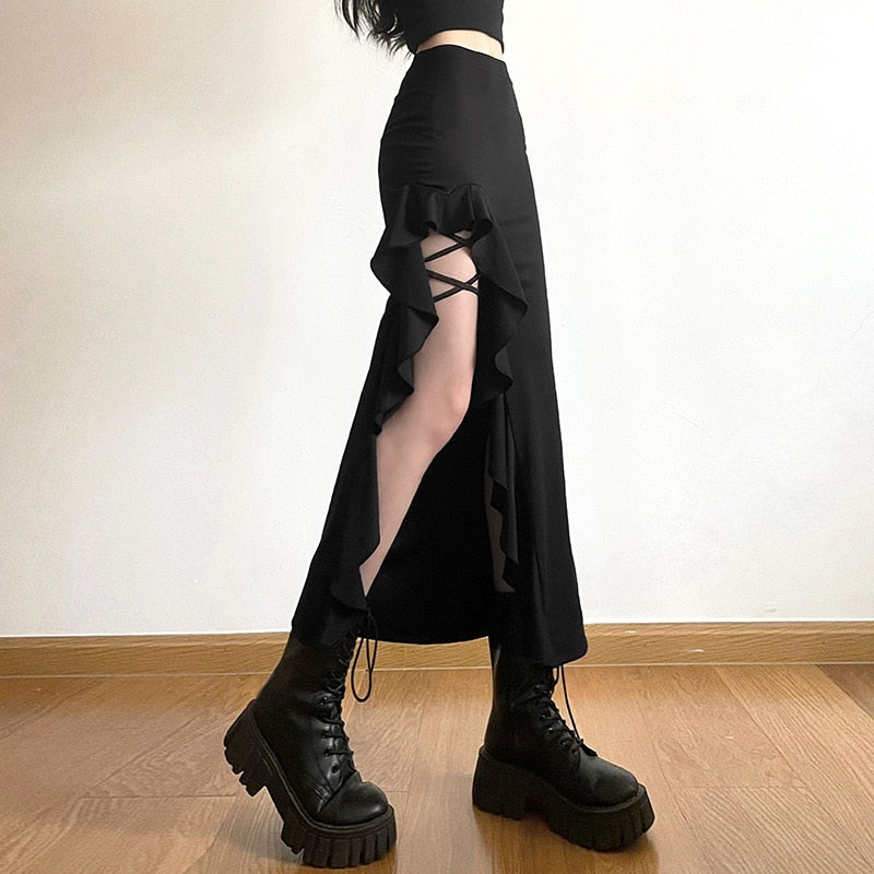 Goth Dark High Split Ruffles Side Y2k Maxi Skirts Elegant Mall Gothic Bandage Sexy Partywear Women Grunge High Waist Long Skirt