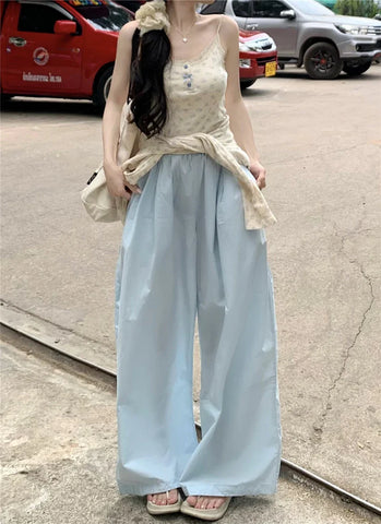 Summer New Niche Personality Campus Fresh Sky Blue Breathable Thin Wide Leg Pants Women Show Long Legs