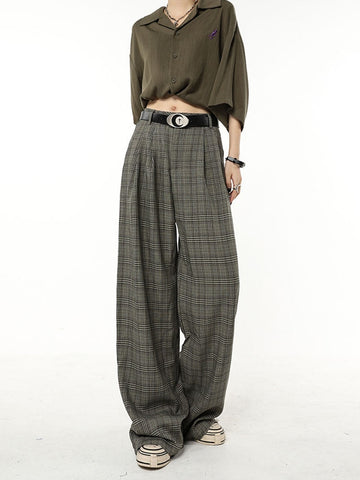 Classic Retro Plaid Design Harajuku Straight Women Long Trousers Loose Wide Leg Pants Baggy Korean Fashion Y2k Streetwear