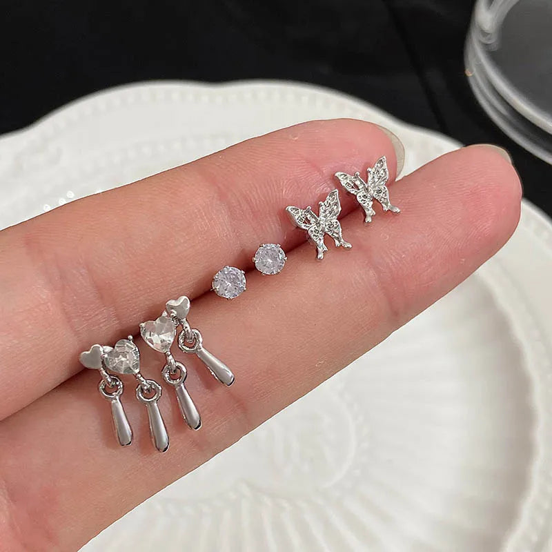 Y2K 6Pcs/set Silver Color Rhinestone Butterfly Stud Earrings for Women Fashion Punk Heart Earring Sets Jewelry Gifts