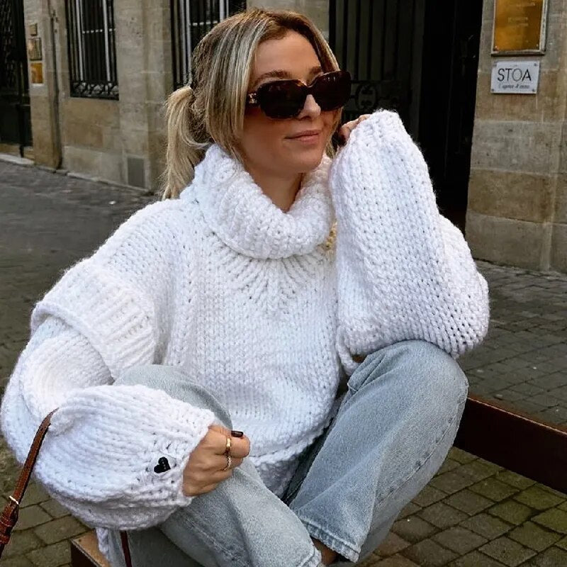 Turtleneck Fleece Sweater For Women Autumn Oversize Long Sleeve Knitted Solid Pullover Fashion Warm Loose Street wear