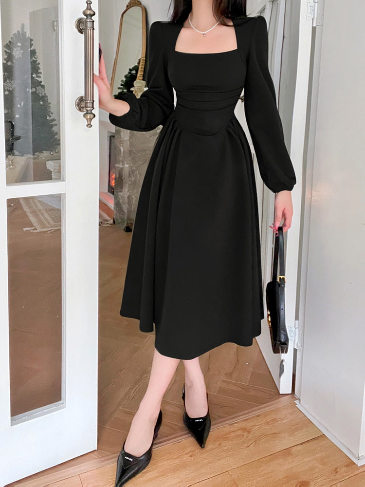 Folds Puff Sleeve Corsets Women Midi Dress Sexy Elegant Bodycon Autumn Elegant Party Casual Lady Long Dress Streetwear