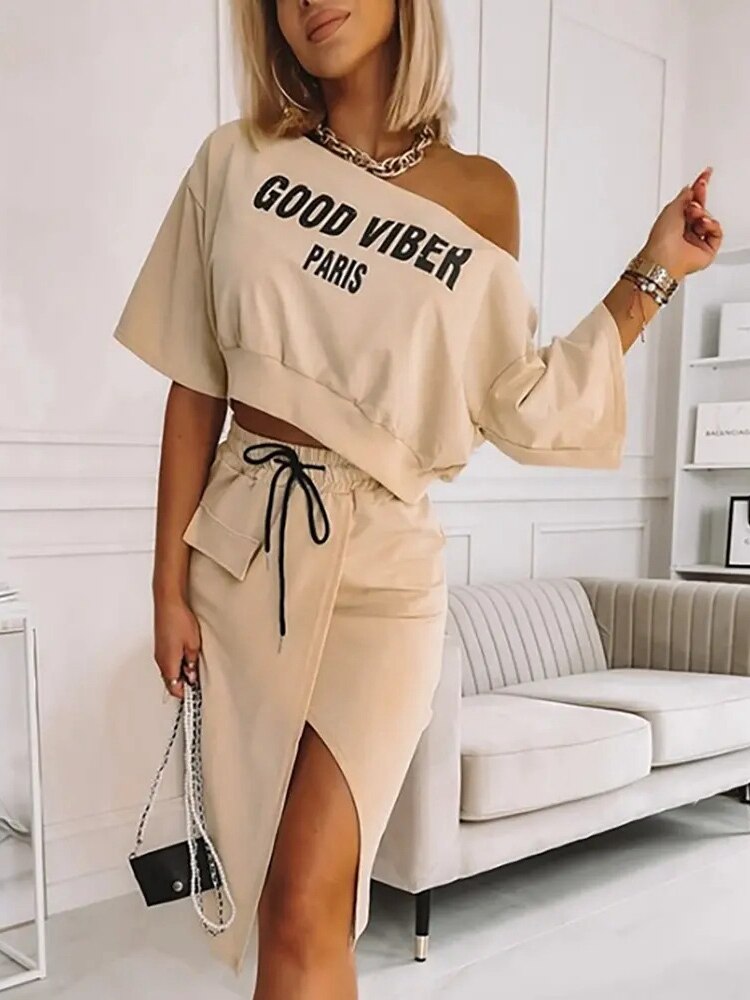 Spring Summer Women Clothes Set Good Viber Letters Printed Short Sleeve Loose O neck Sexy T Shirt Top Elastic Skirt