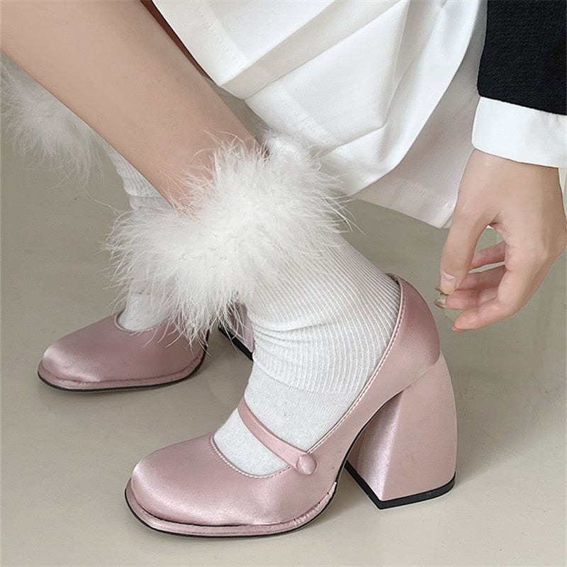 Pink Mary Jane Pumps Woman Super High Heels Shoes Leather Casual Shoes For Women Thick Heeled Shoes Ladies Elegant Lolita Shoes