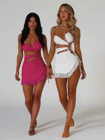 Irregular Hollow Out Sexy Mini Dress For Women Robe Summer New Strapless Sleeveless Backless Bodycon Club Party Dress