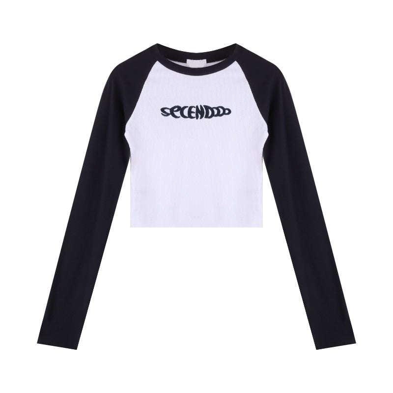 Cyber Y2K Embroidery Crop Top Women Korean Fashion Egirl Slim Long Sleeve T Shirt Female Kpop Sexy Patchwork O-Neck Tees