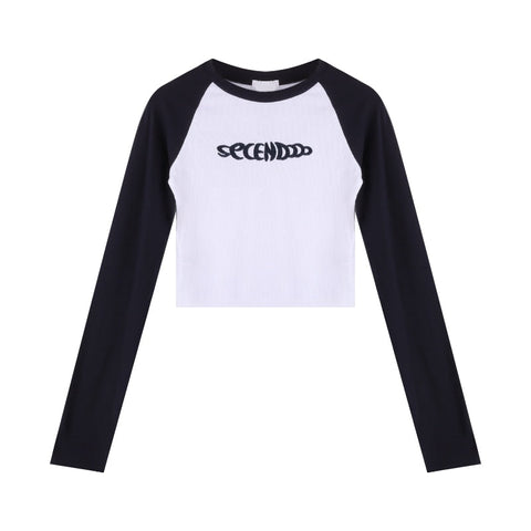 Cyber Y2K Embroidery Crop Top Women Korean Fashion Egirl Slim Long Sleeve T Shirt Female Kpop Sexy Patchwork O-Neck Tees