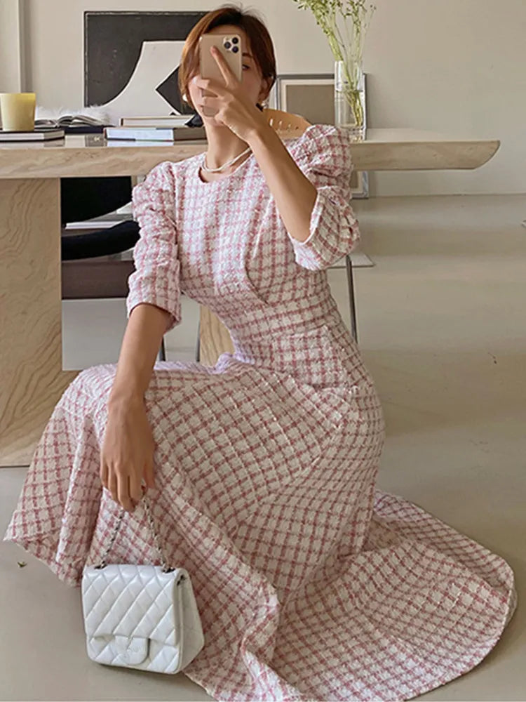 Korean Chic French Style New Spring Summer Tweed Dress For Women Celebrity Pink Plaid Woolen Dresses Vestidos