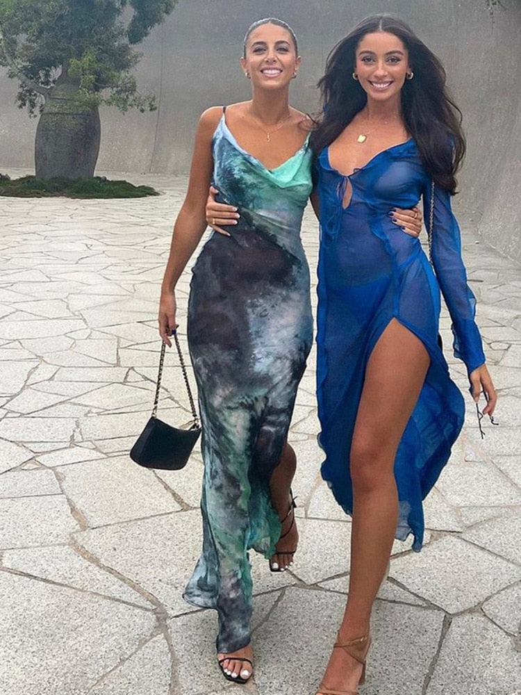 Summer Elegant Tie Dye Chiffon Dress Sexy Women Backless Side Split Bodycon Long Dresses Beach Party Vestidos