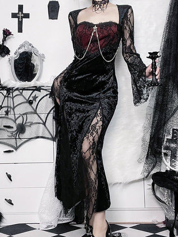 Goth Dark Elegant Mall Gothic Women Evening Dresses Grunge Aesthetic E-girl Velvet Midi Dress Lace Splice Sexy Split Alt Outfits