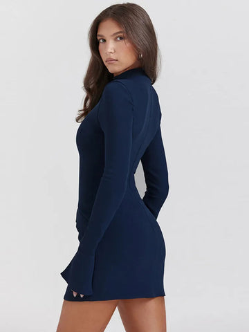 Dark Blue Two Pocket Sexy Mini Dress For Women Autumn Winter New Long Sleeve Bodycon Club Party Dress Elegant