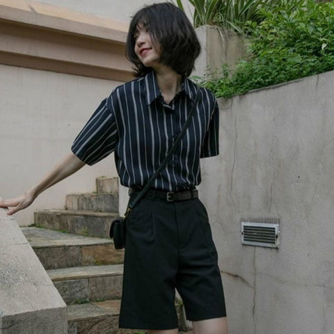 Elegant and Youth Woman Blouses Short Sleeve Striped Shirt British Style Summer Shirts for Women Fashion Retro Shirt