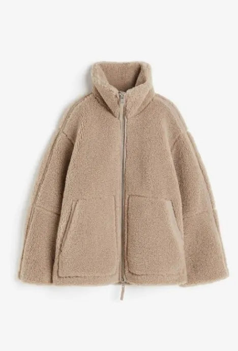 Grey Wool Fleece Stand Collar Women's Coat Lambswool Zipper Up Long Sleeve Loose Jackets  Autumn Winter Chic Casual Outwears