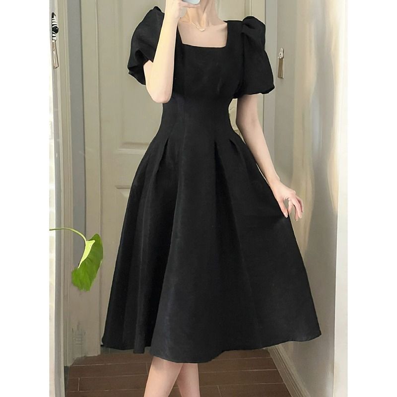 Vintage Elegant Wrap Dresses Woman French Retro Black Puff Sleeve Midi Dress Square Collar Summer Fashion Solid Kpop