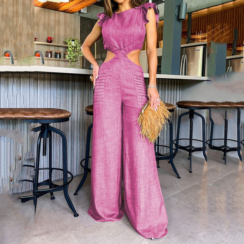 Women Jumpsuit Fashion Solid Round Neck Ruffled Short Sleeve Hollow Out Open Waist Wide Legs Loose Long Pants Jumpsuit