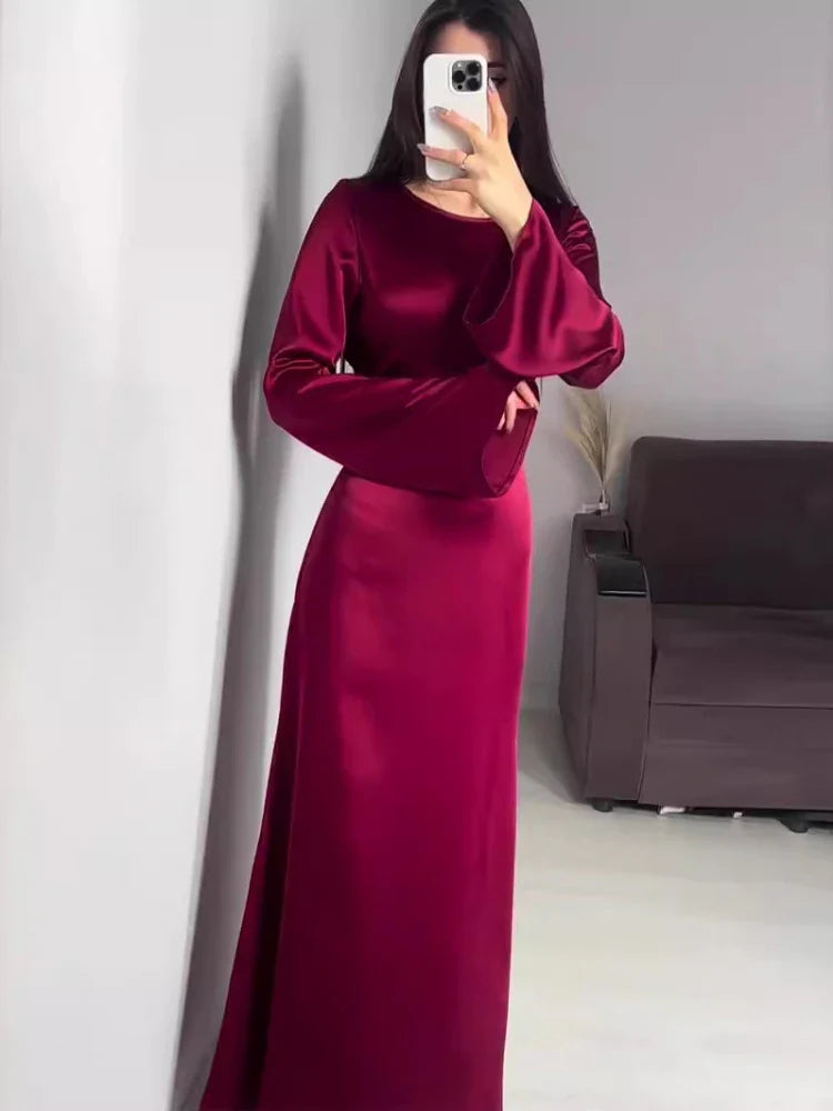 Elegant Satin High Waist Women Maxi Dress Bell Sleeve Lace Up Slim Banquet Mermaid Bodycon Dresses Throbbing in Autumn