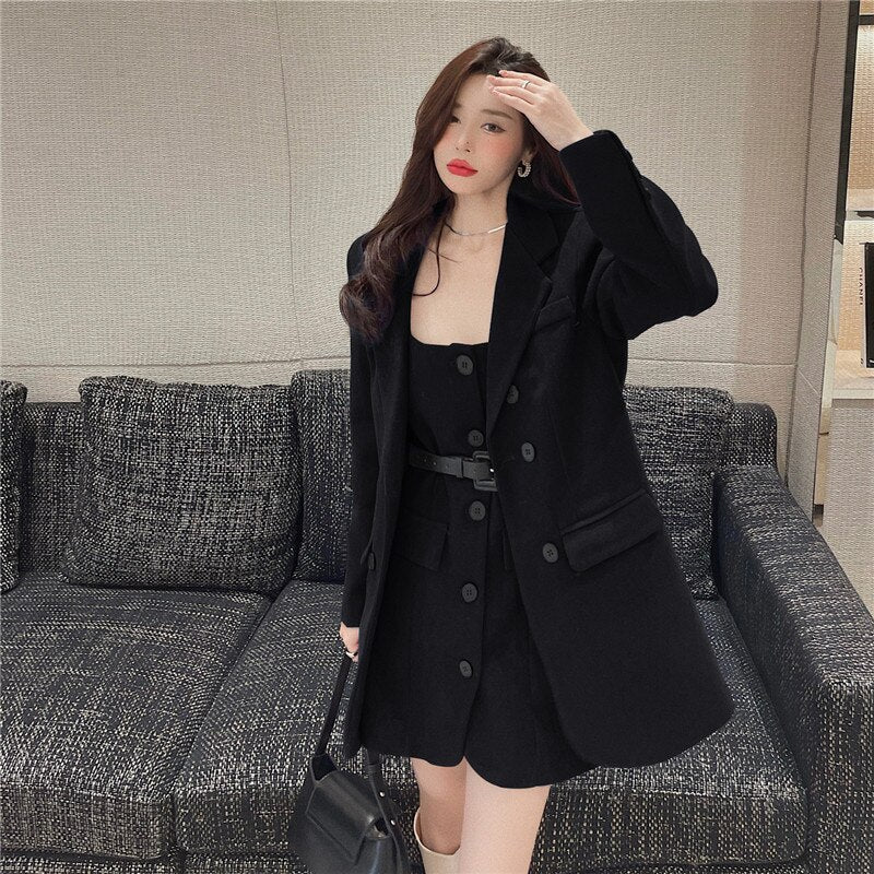 Women Fashion 2 Piece Dress Suits Blue Black Belted A Line Dress&amp;Long Sleeve Blazer Jacket Outfits Elegant Lady 2PC Skirt Sets