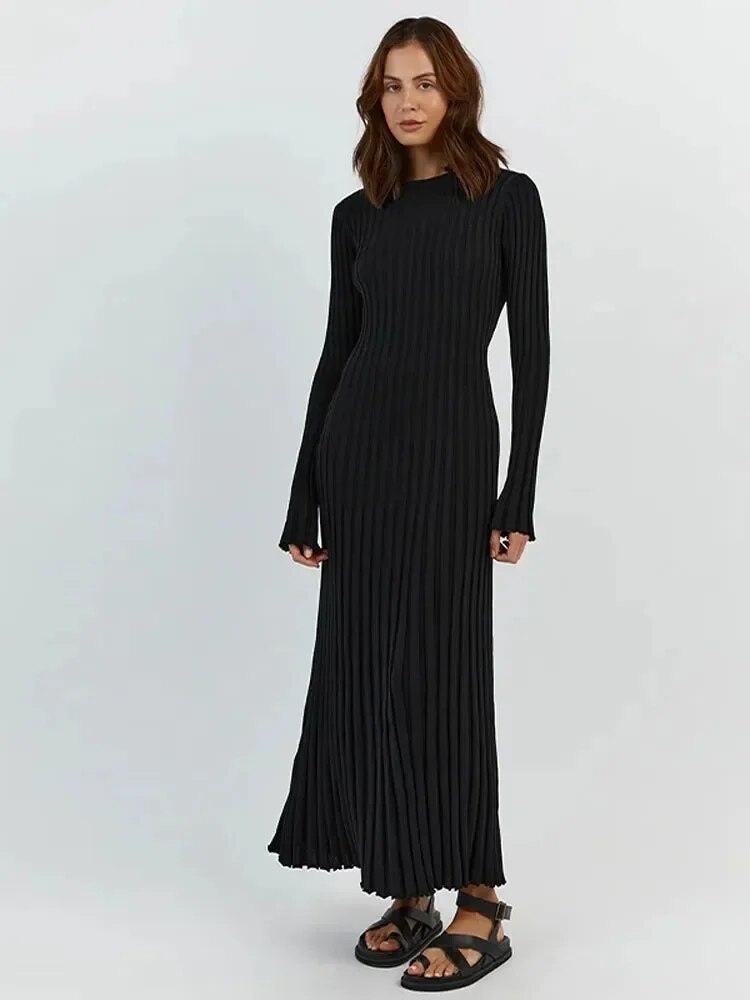 Women Knitted Long Dress Casual Solid Color O-neck Ribbed Long Sleeve Pleated Dresses Elegant Lace Up Bodycon Maxi Dress Robe