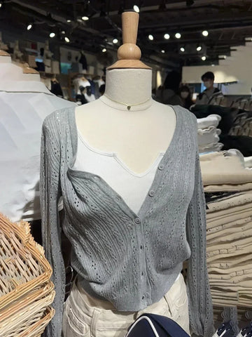 Women Gray Hollow Out Knit Long Sleeve Fashion Summer Cotton V Neck Single Breasted Casual Smock Tops Vintage Sweet Tees