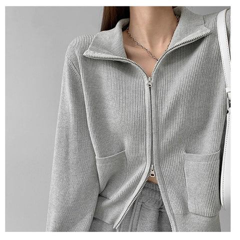 Women's Korean Knitting Sweater Zipper Cardigan Long Sleeve Casual Vintage Fashion Lazy Baggy Outerwear Tops Autumn Grey Sweater