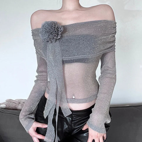 Flower Splice Mesh Shirts For Women Sexy See Through Slim Long Sleeve Crop Top Femme Club Party Fashion Shiny Shirt Lady