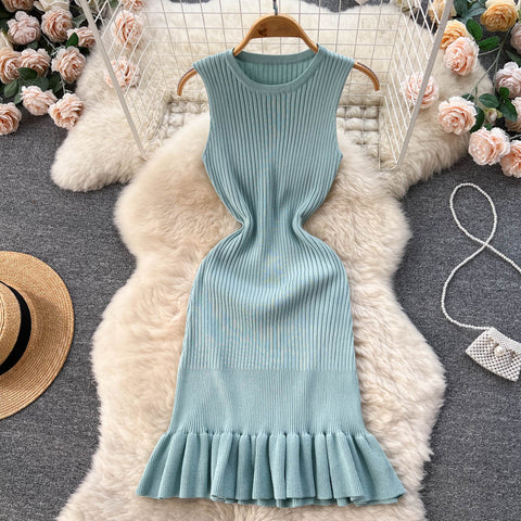 Chic Sexy Sleeveless Bodycone Mermaid Dress Elastic Knit Elegant Vestidos Vintage Summer Women Beach Vacation Fishtail Dresses