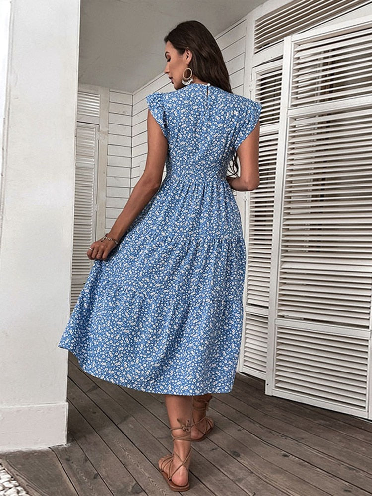 Summer Retro Women's O Neck Sleeveless Midi High Waist Blue Floral A Line Chic Long Dress For Fashion