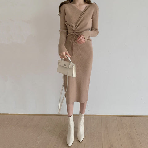 Harajuku Vintage Korean One-Piece Sweater Maxi Dresses for Women Draw String Bodycon Slim Knitted Lady Woman Dress Autumn