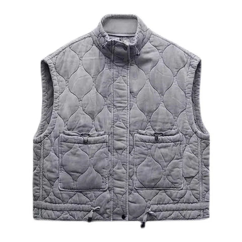Grey Stand Collar Zipper Women Bomber Cotton Coat Lantern Sleeve Oversized Loose Pocket Jacket Autumn Winter Chic Outwears