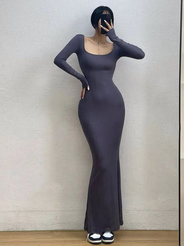 Sexy Square Collar Long Sleeve Fishtail Dress Tight Figure Wrap Hip Super Long Dresses Fashion Korean Tops