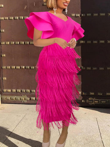 Pbong mid size graduation outfit romantic style teen swag clean girl ideas 90s latina aestheticWomen Tassel Dress V Neck Fringe Bodycon Slim Party Ruffles Sleeves Spring Celebrate Elegant Fashion Prom Lady Package Hip Gown