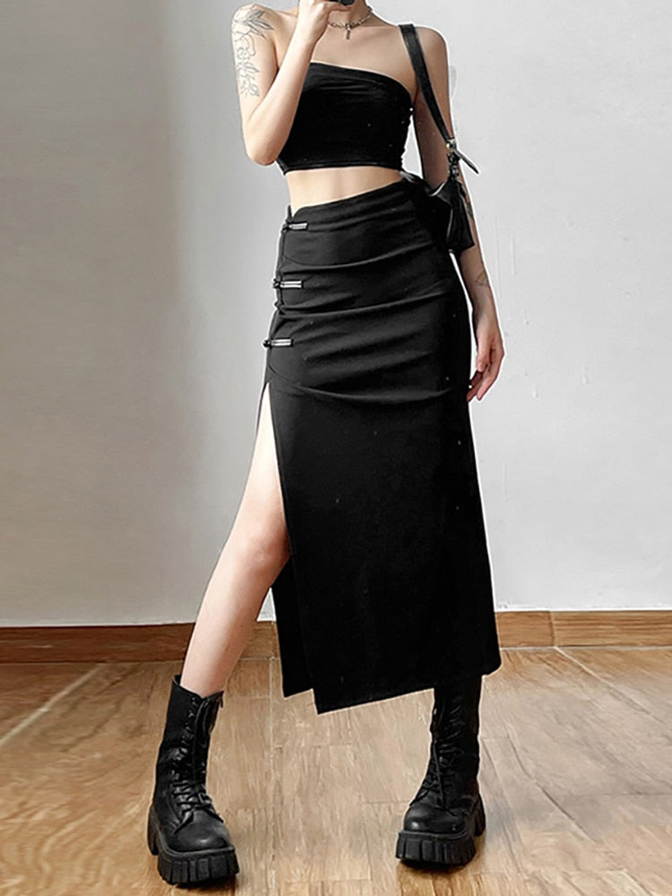 Goth Dark Streetwear Black Y2k Cargo Midi Skirts Grunge Gothic Split Sexy High Waist Skirt For Women Korean Fashion Fall Bottoms