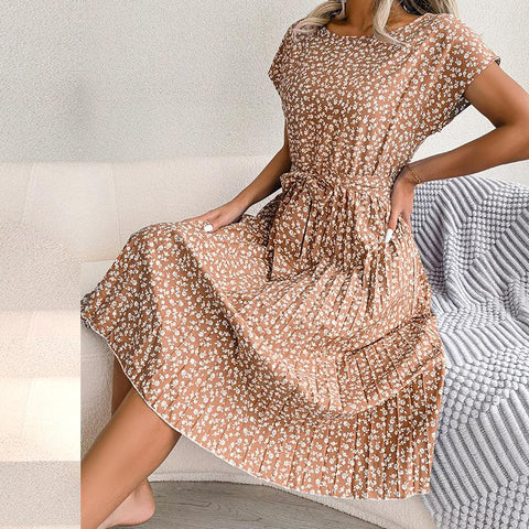 Fashion Floral Pleated A Line Long Dress Women Spring Summer Short Sleeve High Waist Chic Dress