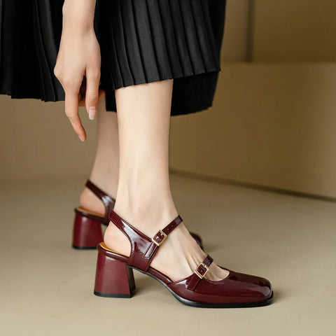 Patent Leather Mary Jane Sandals Women Block High Heels Double Buckle Shoes Woman Square Toe Big Size 44-46 Sandal Shoe