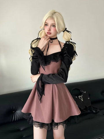 Y2k Gothic Baby Doll Lolita Dress Women Harajuku Korean Patchwork Slash Neck Long Sleeve Mini Princess Prom Dresses