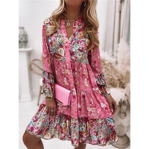 Women Floral Print Dress Oversize Elegant Pleated Long Sleeve Casual Dresses Female V Neck Loose Bohemian Beach Holiday Dresses