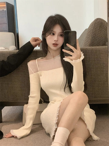 Slim Bodycon Y2k Mini Dress Female Party Casual One Piece Dress Korean Fashion Spring French Elegant Knitted Dress Woman