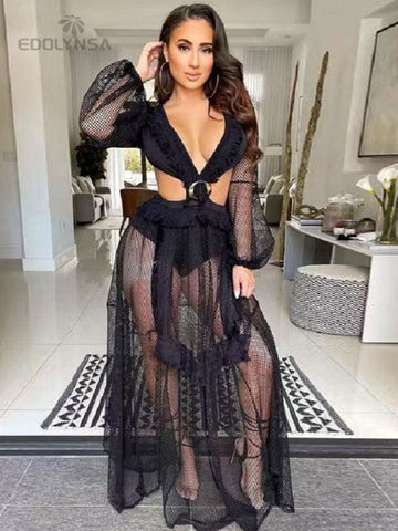 Pbong mid size graduation outfit romantic style teen swag clean girl ideas 90s latina aestheticSexy Deep V-neck Cut Out Long Sleeve Maxi Dress Long White Lace Tunic Women Clothes Summer Beach Wear Swim Suit Cover Up A1049