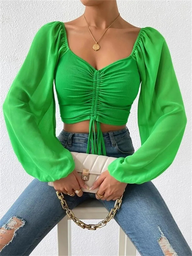 Woman's Tops Puff Sleeve Sexy Close-Fitting Summer and Spring Lace up V-neck Fashion Solid Color Simple Long Sleeve Hot