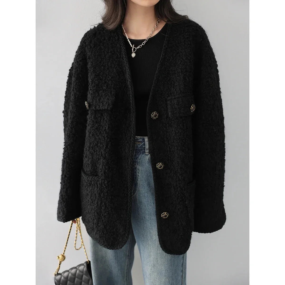 Fashion Women's Wool Coat Single Breasted Vintage Jacket V-Neck Office Lady Overcoat Female Tops Spring Autumn